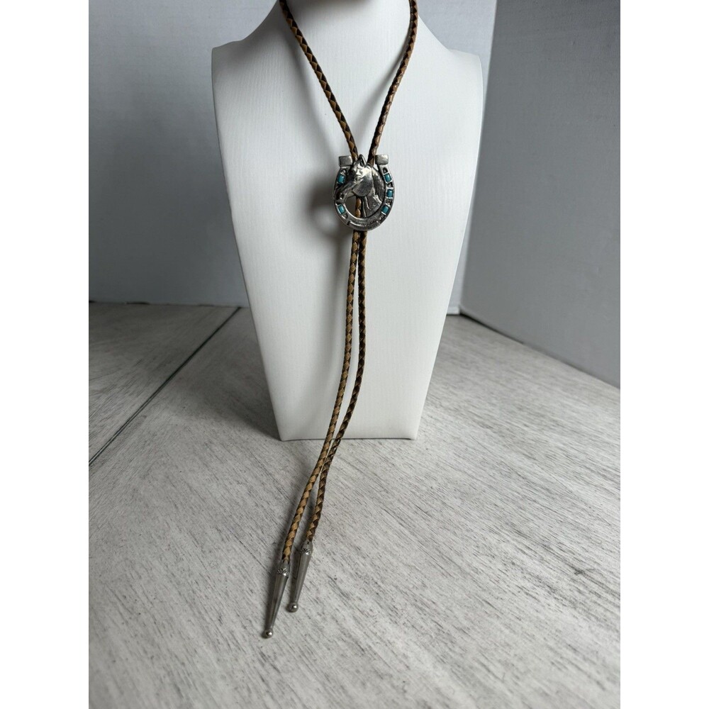 Western Horseshoe Horse Head Bolo Tie Faux Turquoise Inlay Silver Tone Slide